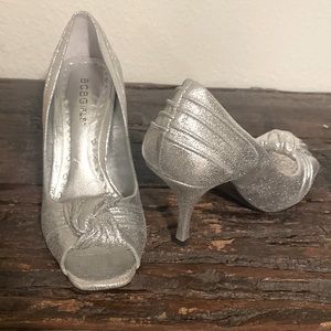 BCBG Girls metallic open tie,  peep toe heels